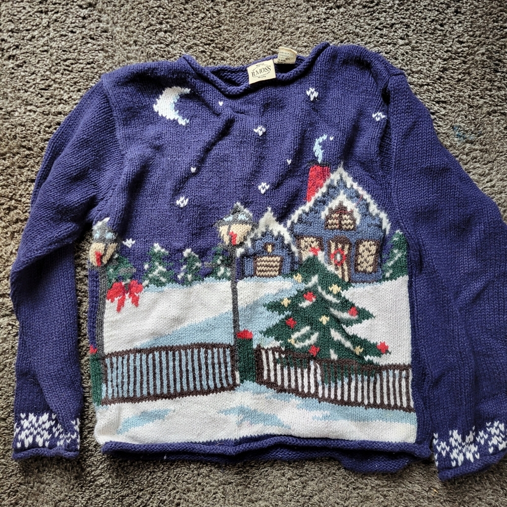 B. Moss Knitt Blue Christmas Village Cozy Sweater Woman's Medium